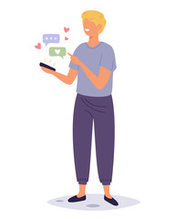 Poster - Cute smiling woman with gadget. Love conversation concept. Young woman chatting on the cellphone. Flat cartoon character isolated on white background. Vector cartoon illustration in a flat style