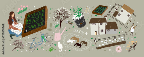 Fotomural garden, illustration, woman, background, gardener, agriculture, animal, card, co