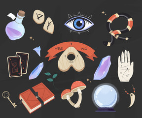 Mystic, esoteric and occult set - planchette, book, palmistry hand, crystal ball, bottle potion and tarot flat vector isolated. Magic items collection, witchcraft symbols.