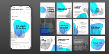 Social Media Post Templates Set With Cityscape Vector Illustration On Background. Square Posts Layouts For Personal Blog. Instagram Post Template.