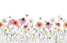 Seamless Floral Border With Colorful Wildflowers, Poppies, Butterflies, Bees, Dragonfly And Ladybugs. Vector Horizontal Pattern On White Background. Hand Drawn Illustration.