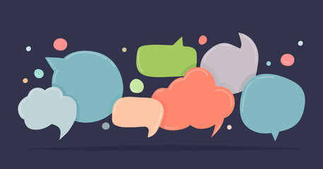 Poster - Speech bubbles doodle in different colors isolated on dark background. Chat banner template. Discussion concept. Vector illustration