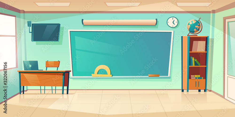 Obraz Empty classroom interior, school or college class with teacher table, laptop, green blackboard with protractor, clock hanging on wall and books cupboard, room for studying. Cartoon vector illustration fototapeta, plakat