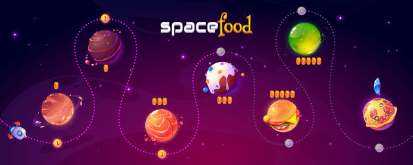 Poster - space food game level map. vector ui play design with rocket in funny universe with alien planets wi