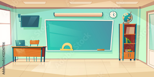 Fotografía Empty classroom interior, school or college class with teacher table, laptop, green blackboard with protractor, clock hanging on wall and books cupboard, room for studying