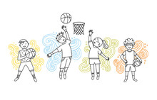 Basketball Game Cute Vector Set With Children. Boys And Girls With Sport Balls And Decorative Elements