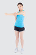 © NT_studio - Beautiful portrait young asian woman happy standing stretch muscle arm isolated on white background, girl wear sport clothes smiling exercise yoga for health, healthy and wellness concept.
