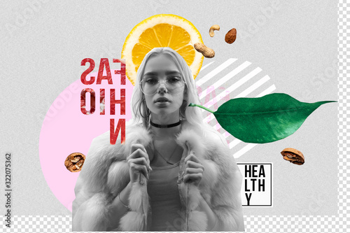 Photographie Hipster stylish fashion 20s teen girl vegan healthy food products on modern cont