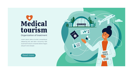 vector illustration of medical tourism, insurance agency. doctor helps to choose quality clinic, hos