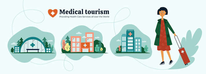 medical tourism agency. girl choosing quality medical services all over the world. icons of clinic, 