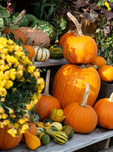 A Stack Of Pumpkins With Gourds And Flowers At A Farm Stand, Vertical