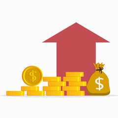 Aufkleber - Coins and bags with money and red growing arrow. business finance growth concept