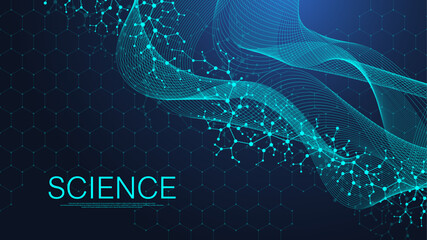 Scientific coronavirus background for medicine, science, technology, chemistry. Science template wallpaper or banner with a DNA molecules. Coronavirus wave flow DNA. Molecular vector illustration.