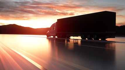 Semi trailer. Truck on the road, highway. Transports, logistics concept. 3d rendering