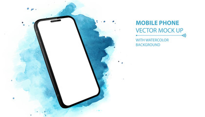 Poster - Mobile Phone Vector Mockup With Perspective View. Black Smartphone Isolated on Blue Watercolor Background. 