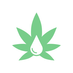 Icon of a marijuana leaf with a drop of oil. Flat and green design.