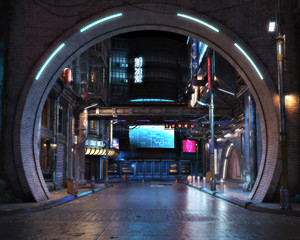 Urban city retro futuristic arch back drop background with neon accents. Neo-noir style 3d rendering.