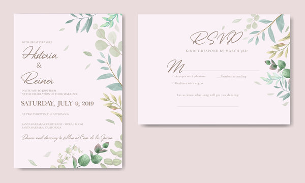 Elegant wedding invitation template with eucalyptus leaf
