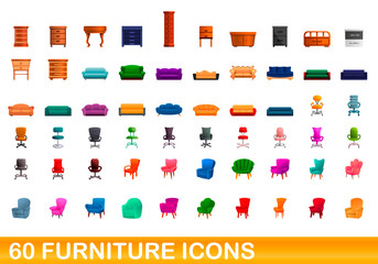 Poster - 60 furniture icons set. Cartoon illustration of 60 furniture icons vector set isolated on white background