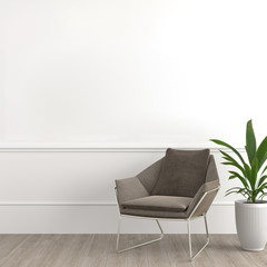 Wall Mural - Interior design modern and elegant consisting of armchair with footrest and tropical plant on a pot on white empty wall for mock up 3d render.