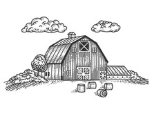 Wooden Country Farm House Sketch Engraving Vector Illustration. T-shirt Apparel Print Design. Scratch Board Imitation. Black And White Hand Drawn Image.