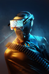 futuristic human model wearing a protective outfit and helmet. people and technology 3d illustration