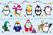 Penguins Celebrate Christmas Vector Illustration. Happy Funny Animal Characters With Christmas Tree And Gifts. Collection Of Penguins Wearing Winter And New Year Costume In Cartoon Style.