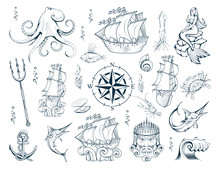 Nautical Elements Set With Sailor Sea Animals, Mermaid, Ship, Diving Helmet, Anchor, Compass, Poseidon, Trident And Octopus. Set Of Sea And Nautical Decoration. Collection Marine, Maritime Or Nautical