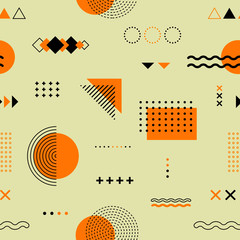 Memphis seamless pattern. Abstract geometric background with yellow circles, square, triangle isolated shapes, vintage fashion 80s-90s funky graphic. Vector illustration template