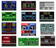 Scoreboard time and clock information displays vector illustration. Score signs sport teams information digital and analog board equipment flat style isolated on white background.