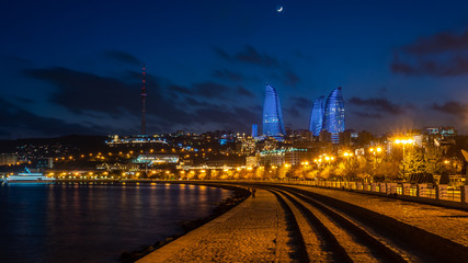 Wall Mural - Night view of Baku with the Flame Towers skyscrapers