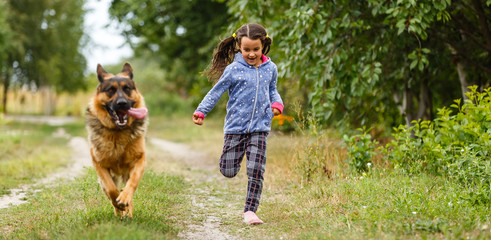 little girl and shepherd run