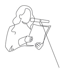 A woman is reading a document in front of a microphone continuous one line drawing. Scientist report. Political speech