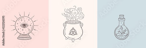 Fotomural Witch and magic symbols with crystal ball, magic crystal bottle, cauldron