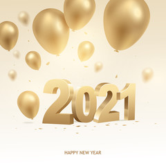 Happy new year 2021. Golden 3D numbers with balloons and confetti on bright background.