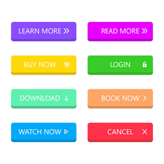 Poster - Set of modern style buttons in flat style for mobile app, web, banner, game. Multicolored buttons on isolated background. Navigation menu for login, learn, read, download, buy, watch, cancel. Vector.