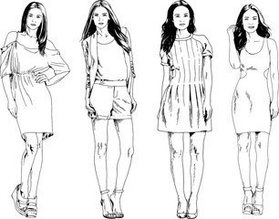 vector drawings on the theme of beautiful slim sporty girl in casual clothes in various poses painted ink hand sketch with no background