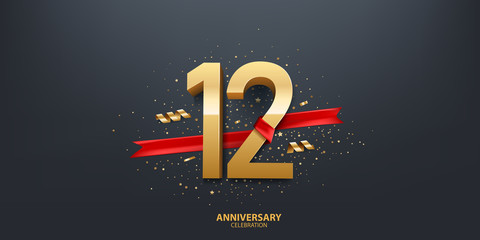 Wall Mural - 12th Year anniversary celebration background. 3D Golden number wrapped with red ribbon and confetti on black background.