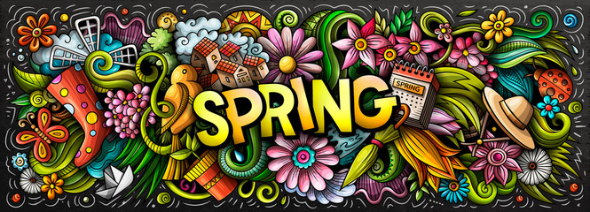 Wall Mural - Spring hand drawn cartoon doodles illustration. Colorful vector banner