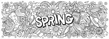 Spring Hand Drawn Cartoon Doodles Illustration. Line Art Vector Banner
