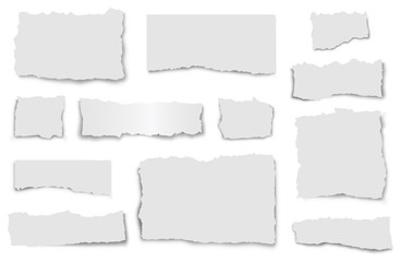 Wall Mural - Set of paper waste on a white background. Torn paper of various shapes with shadows.