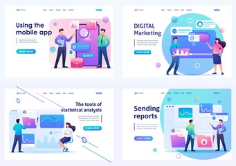 Poster - set 2d flat concepts young people using mobile apps for gadgets. for landing page concepts and web d
