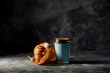Fresh Hot Coffee In Paper Cup And Sweet Cake On Dark Mood Background. 