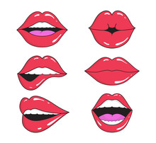 Woman Lips With Smile, Kiss. Mouths Collection Of Girl Retro Style For Comic Book. Female Open Mouth With Teeth. Sticker Lip Shape For Face. Lady With Red Lipstick, Makeup Expressing Emotion. Vector