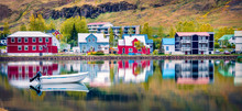 Panoramic Morning Cityscape Of Small Fishing Town - Seydisfjordur. Calm Summer Scene Of East West Iceland, Europe. Traveling Concept Background.