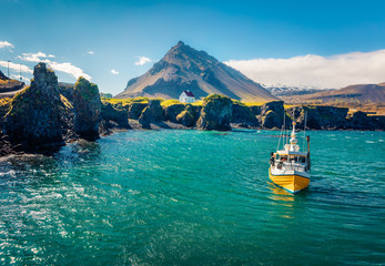 Wall Mural - picturesque morning view of small fishing village at the foot of mt. stapafell - arnarstapi or stapi
