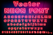 © GB_Art - Pink retro 80s neon font. Luminous letter glow effects. High detailed alphabet, numbers and symbols for advertising. Techno acid style. Vector typeface for headlines, posters, etc.
