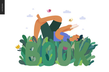 World Book Day graphics, grass -book week events. Modern flat vector concept illustrations of reading people -a brunette man laying down in the grass, reading a book