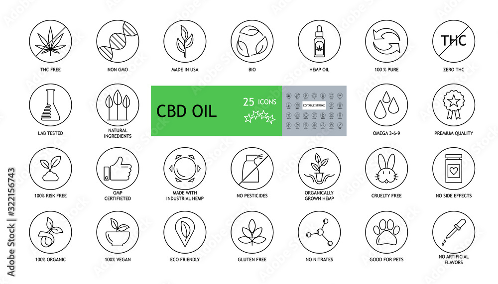 Set of 25 round CBD oil icons. THC free, non gmo, made in USA, bio, 100 vegan, premium quality, lab tested, omega 3-6-9, pure natural, no pesticides, risk free, organic, no gluten, gmp, marijuana. - obrazy, fototapety, plakaty 
