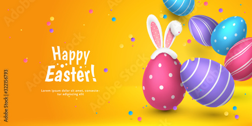 Fotomural Vector cute horizontal greeting banner with fur ears of bunny, realistic 3D eggs, colored paper confetti on orange background